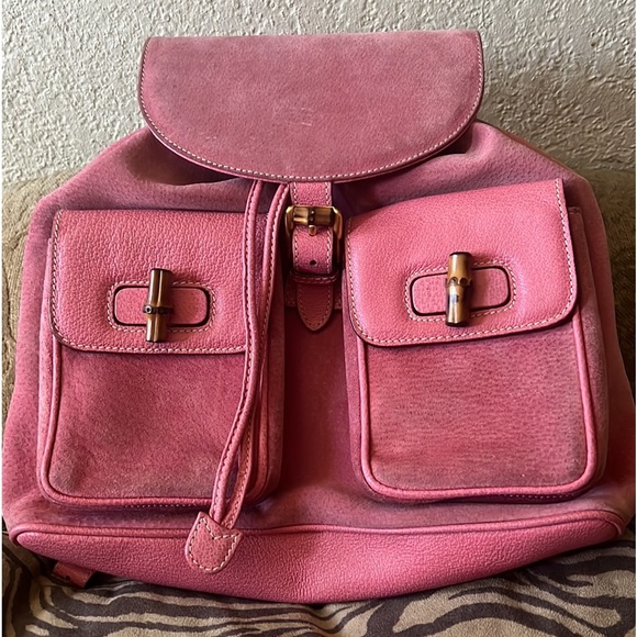 Beautiful HTF Pink Suede & Leather GUCCI Backpack w/Bamboo handle and Closures - Picture 2 of 12